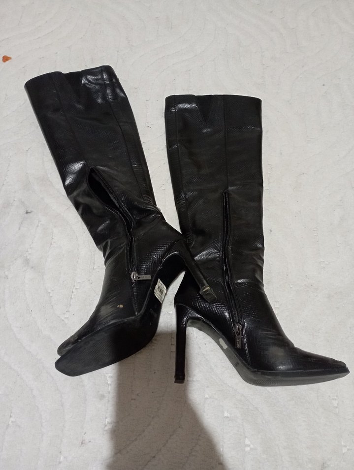 Siyah Yılan Desenli Deri Dizüstü Topuklu Çizme - Görsel 3