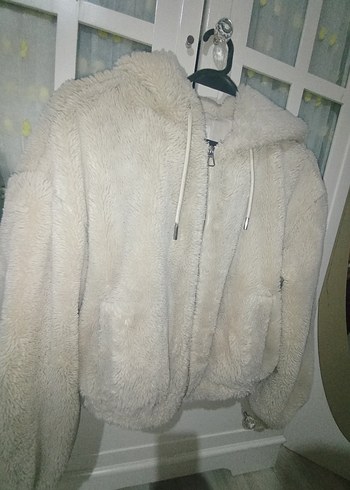 Bej Peluş Kadın Ceket, Kapüşonlu, Rahat Kesim - Görsel 7