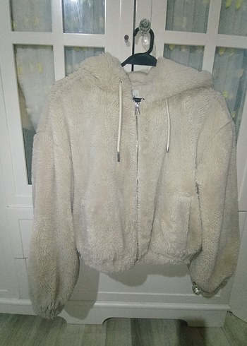 Bej Peluş Kadın Ceket, Kapüşonlu, Rahat Kesim - Görsel 6