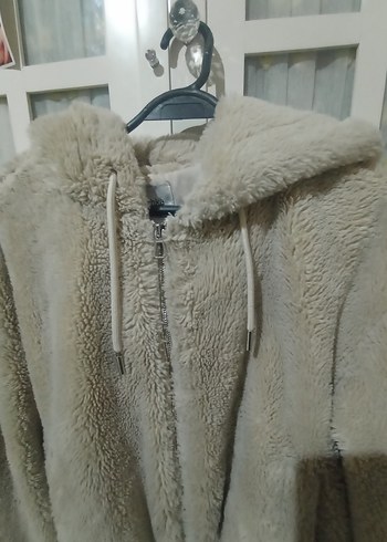 Bej Peluş Kadın Ceket, Kapüşonlu, Rahat Kesim - Görsel 12