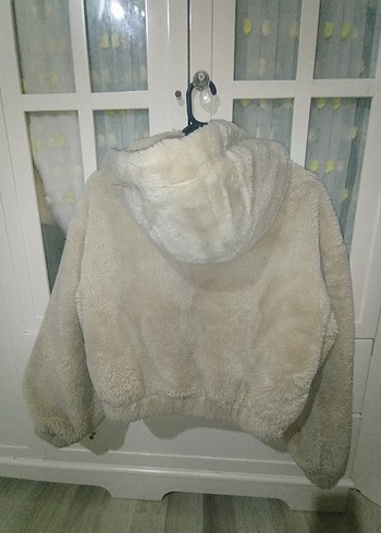 Bej Peluş Kadın Ceket, Kapüşonlu, Rahat Kesim - Görsel 2