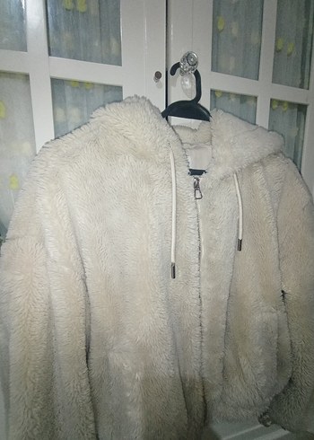 Bej Peluş Kadın Ceket, Kapüşonlu, Rahat Kesim - Görsel 5