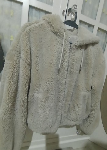 Bej Peluş Kadın Ceket, Kapüşonlu, Rahat Kesim - Görsel 8