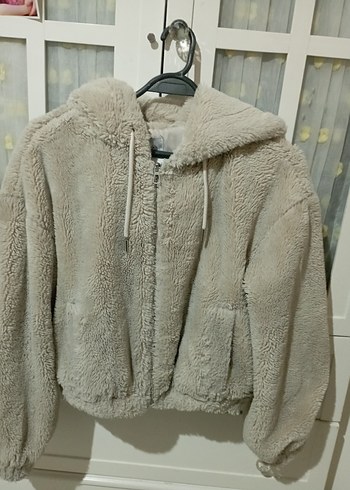 Bej Peluş Kadın Ceket, Kapüşonlu, Rahat Kesim - Görsel 13