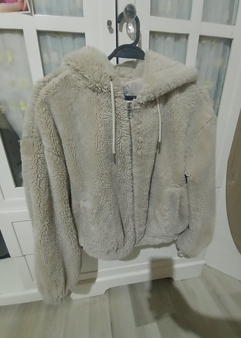 Bej Peluş Kadın Ceket, Kapüşonlu, Rahat Kesim - Görsel 14