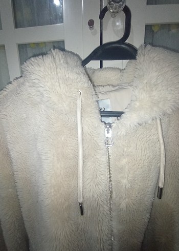 Bej Peluş Kadın Ceket, Kapüşonlu, Rahat Kesim - Görsel 3