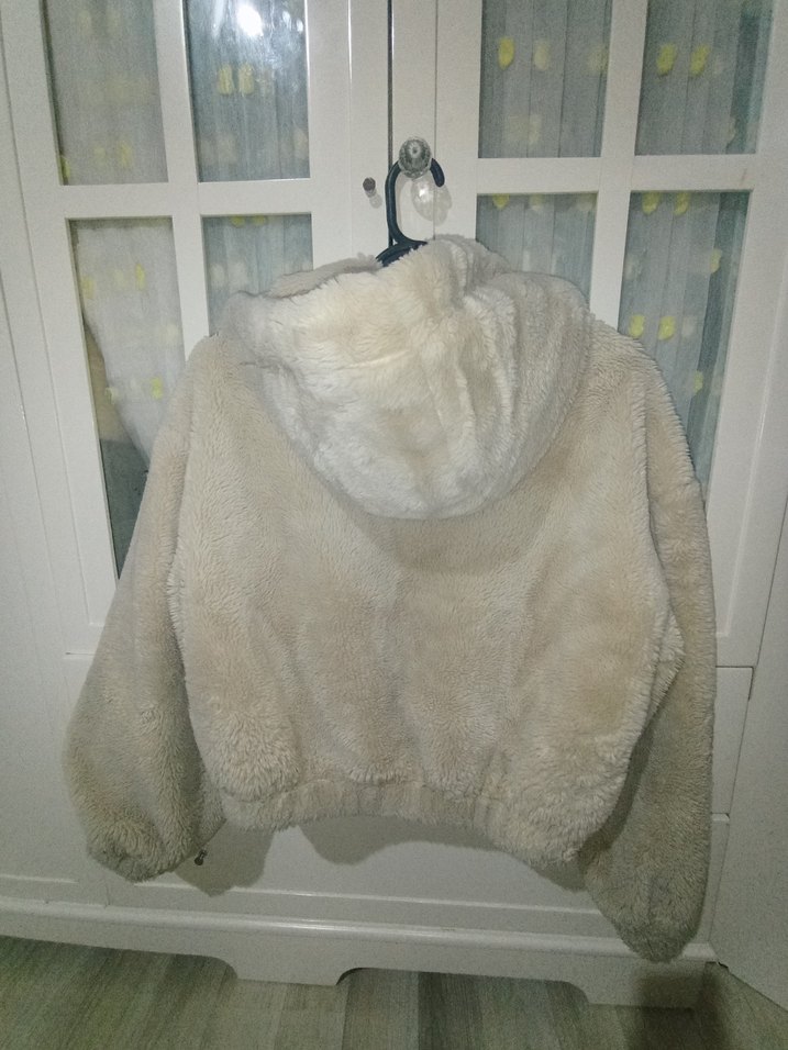 Bej Peluş Kadın Ceket, Kapüşonlu, Rahat Kesim - Görsel 2