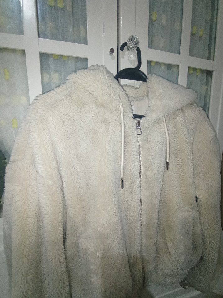 Bej Peluş Kadın Ceket, Kapüşonlu, Rahat Kesim - Görsel 5