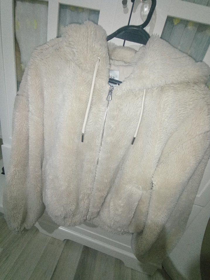 Bej Peluş Kadın Ceket, Kapüşonlu, Rahat Kesim - Görsel 4