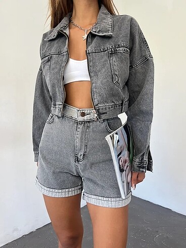 s Beden gri Renk Denim kot ceket