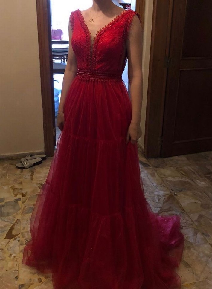 Kırmızı Uzun Drapeli V Yakalı Kadın Abiye Elbise - Görsel 2