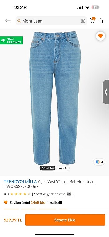 38 Beden mavi Renk Trendyolmilla Açık mavi yüksek bel mom jeans