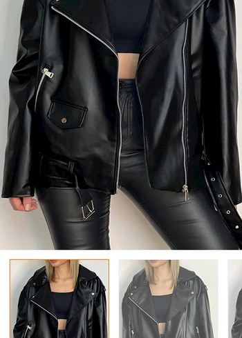 Beli Kemerli Siyah Kısa Deri Biker Ceket - Görsel 2