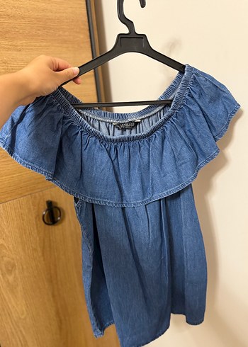 Mavi Denim Volanlı Straplez Bluzu