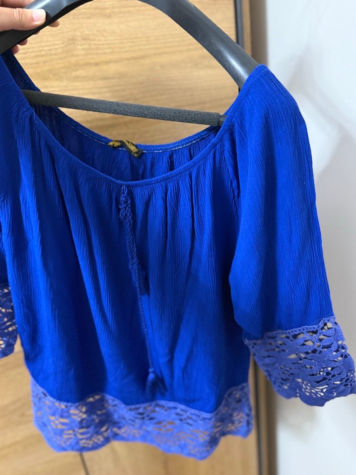Dantel Detaylı Mavi Bohem Kadın Bluz - Görsel 2