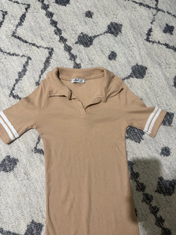 Bej Polo Yaka Kısa Kollu Uzun Elbise - Görsel 2