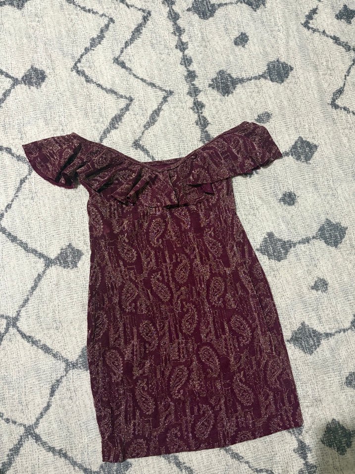 Bordo Renk Volanlı Midi Bohem Elbise - Görsel 3