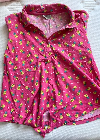 Kolsuz Pembe Ananas Desenli Kız Bluzu