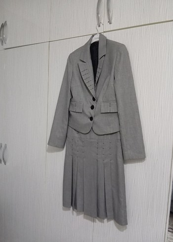 Kadın Gri Keten Kumaş Pilili Midi Takım - Görsel 12