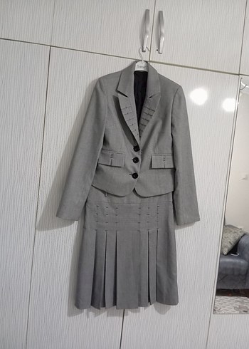 Kadın Gri Keten Kumaş Pilili Midi Takım - Görsel 8