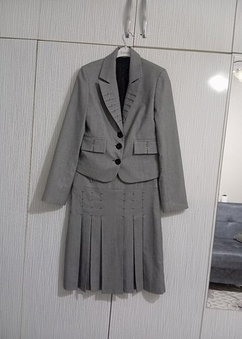 Kadın Gri Keten Kumaş Pilili Midi Takım - Görsel 18