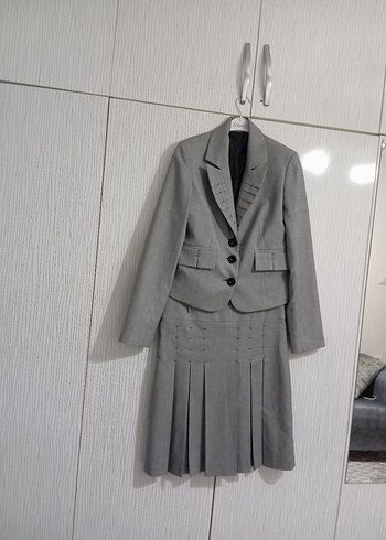 Kadın Gri Keten Kumaş Pilili Midi Takım - Görsel 16