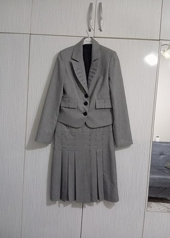 Kadın Gri Keten Kumaş Pilili Midi Takım - Görsel 13