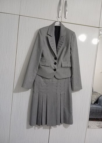 Kadın Gri Keten Kumaş Pilili Midi Takım - Görsel 19