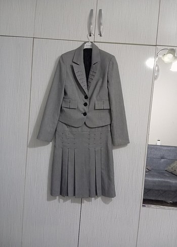 Kadın Gri Keten Kumaş Pilili Midi Takım - Görsel 10