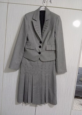 Kadın Gri Keten Kumaş Pilili Midi Takım - Görsel 17