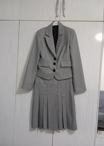 Kadın Gri Keten Kumaş Pilili Midi Takım - Görsel 11