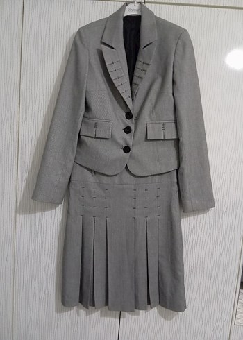 Kadın Gri Keten Kumaş Pilili Midi Takım - Görsel 7