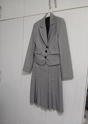 Kadın Gri Keten Kumaş Pilili Midi Takım - Görsel 15