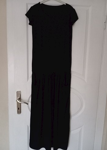 Siyah Uzun Keten Elbise, Salaş Kesim, Drapeli - Görsel 7