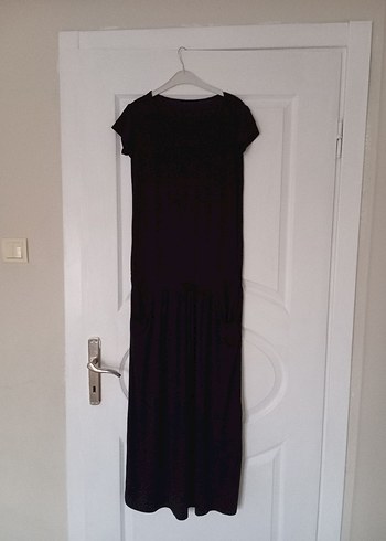 Siyah Uzun Keten Elbise, Salaş Kesim, Drapeli - Görsel 5