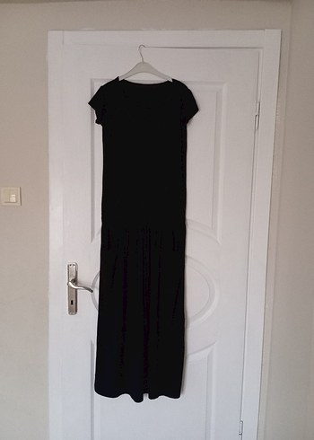 Siyah Uzun Keten Elbise, Salaş Kesim, Drapeli - Görsel 11