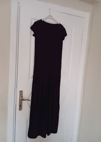 Siyah Uzun Keten Elbise, Salaş Kesim, Drapeli - Görsel 8