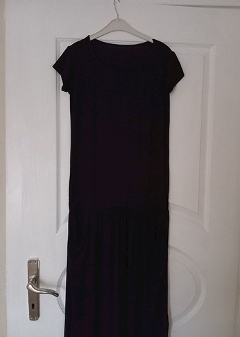 Siyah Uzun Keten Elbise, Salaş Kesim, Drapeli - Görsel 3