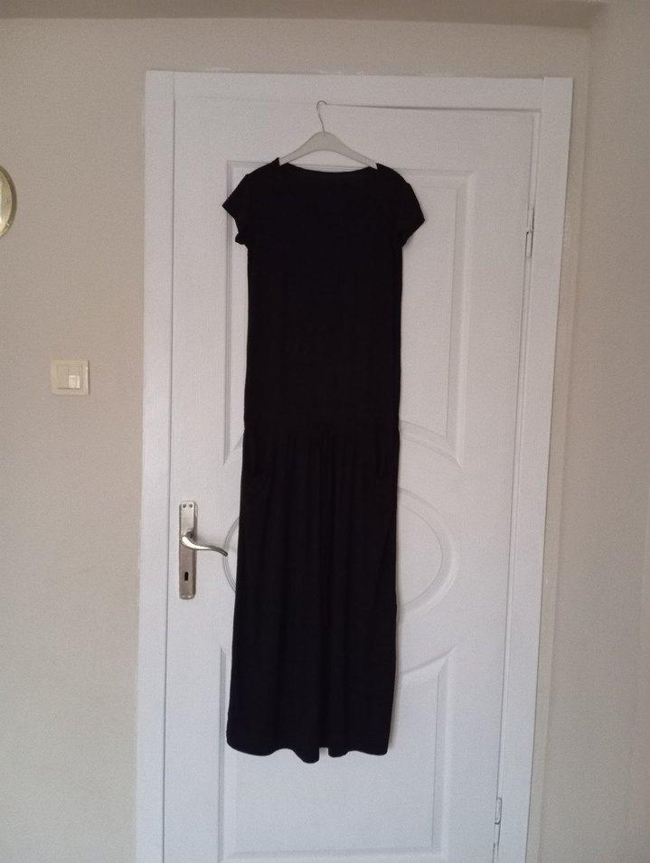 Siyah Uzun Keten Elbise, Salaş Kesim, Drapeli - Görsel 2