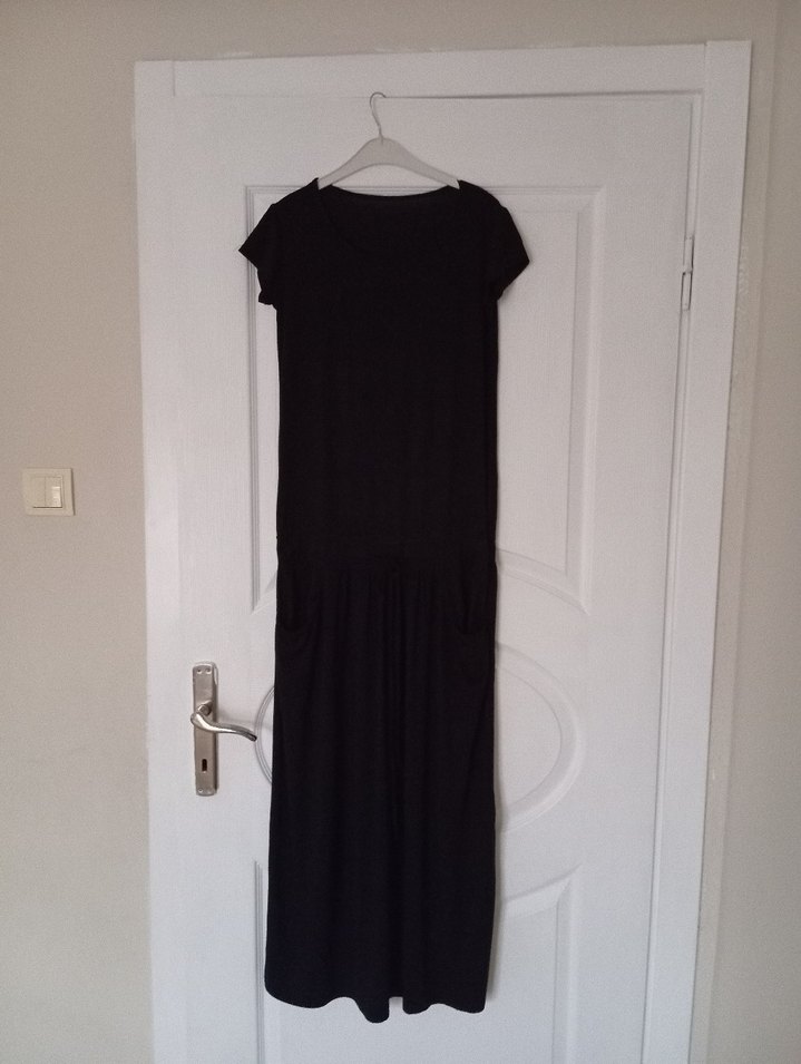 Siyah Uzun Keten Elbise, Salaş Kesim, Drapeli - Görsel 5