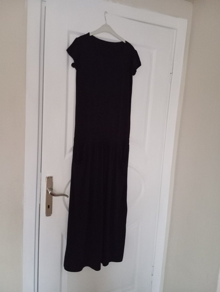 Siyah Uzun Keten Elbise, Salaş Kesim, Drapeli - Görsel 4