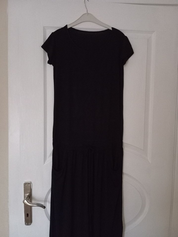 Siyah Uzun Keten Elbise, Salaş Kesim, Drapeli - Görsel 3