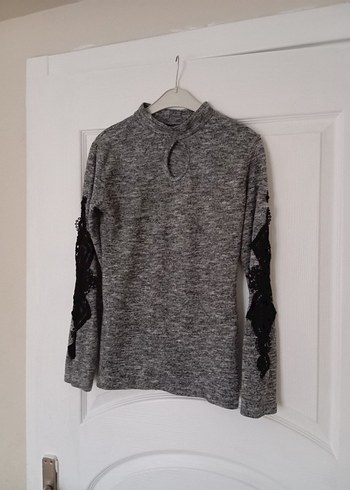 Gri Uzun Kollu Yüksek Yakalı Triko Kazak - Görsel 5