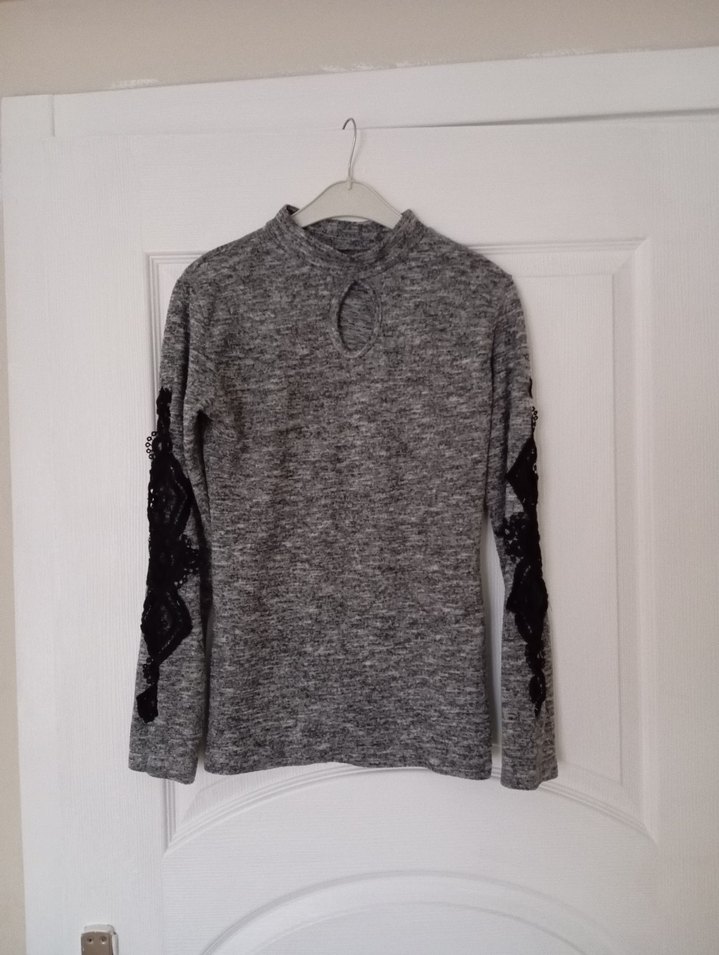 Gri Uzun Kollu Yüksek Yakalı Triko Kazak - Görsel 3