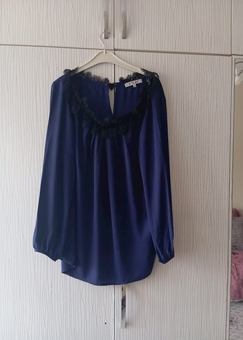 Uzun Kollu V Yaka Lacivert Bluz - Görsel 2