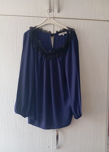 Uzun Kollu V Yaka Lacivert Bluz - Görsel 5