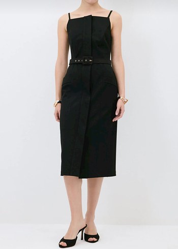 Kadın Siyah Kemerli Midi Kalem Elbise - Görsel 2