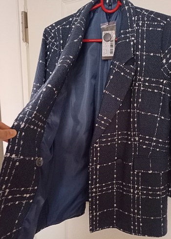 Düğmeli Mavi Ekose Kadın Blazer Ceket - Görsel 4