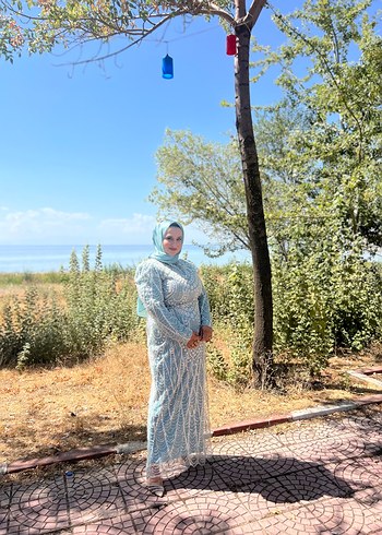 Mavi Bağlamalı Desenli Uzun Bohem Elbise