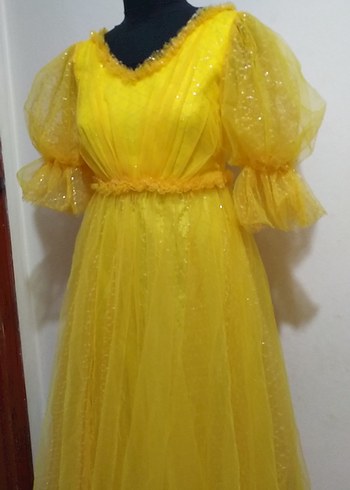 Sarı Vintage Uzun Kollu Elbise - Görsel 7